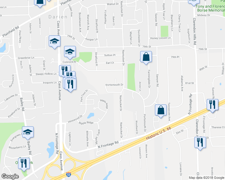 map of restaurants, bars, coffee shops, grocery stores, and more near 17W484 Waltham Place in Darien
