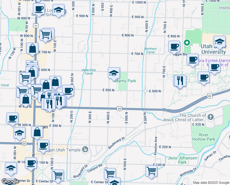 map of restaurants, bars, coffee shops, grocery stores, and more near 430 East 500 North in Logan