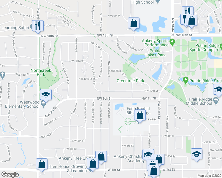 map of restaurants, bars, coffee shops, grocery stores, and more near 2110 Northwest 10th Street in Ankeny