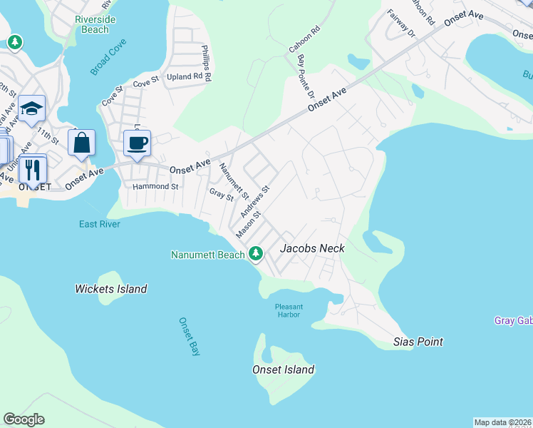 map of restaurants, bars, coffee shops, grocery stores, and more near 36 Nanumett Street in Wareham