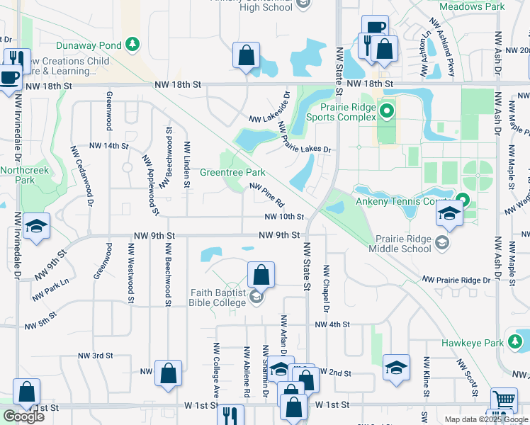 map of restaurants, bars, coffee shops, grocery stores, and more near 1714 Northwest 10th Street in Ankeny