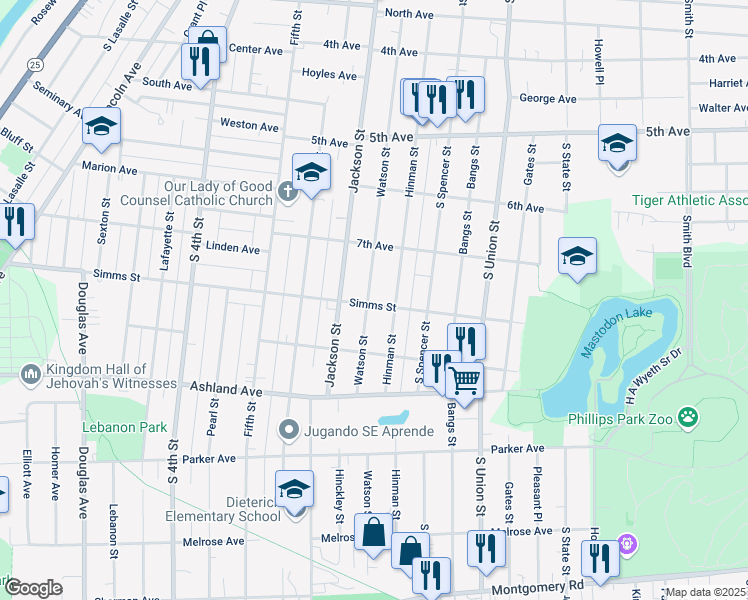 map of restaurants, bars, coffee shops, grocery stores, and more near 746 Watson St in Aurora