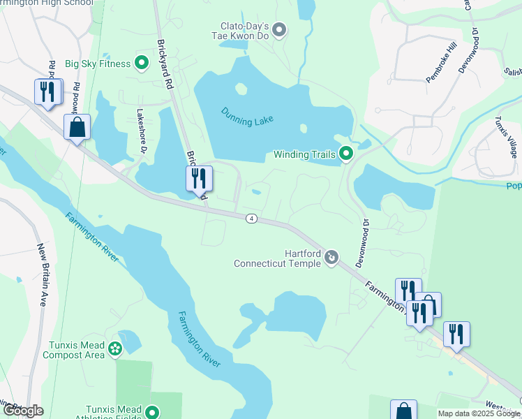 map of restaurants, bars, coffee shops, grocery stores, and more near 11 Greenbriar Drive in Farmington
