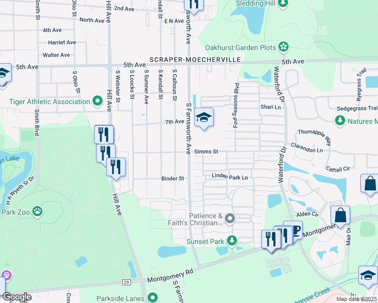 map of restaurants, bars, coffee shops, grocery stores, and more near S Farnsworth Ave & Simms St in Aurora