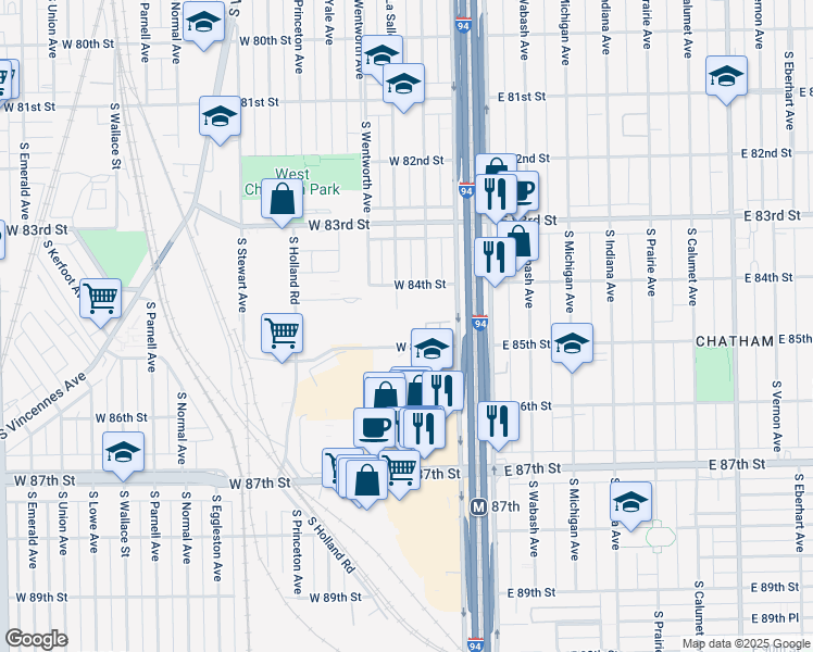 map of restaurants, bars, coffee shops, grocery stores, and more near 158 West 84th Street in Chicago