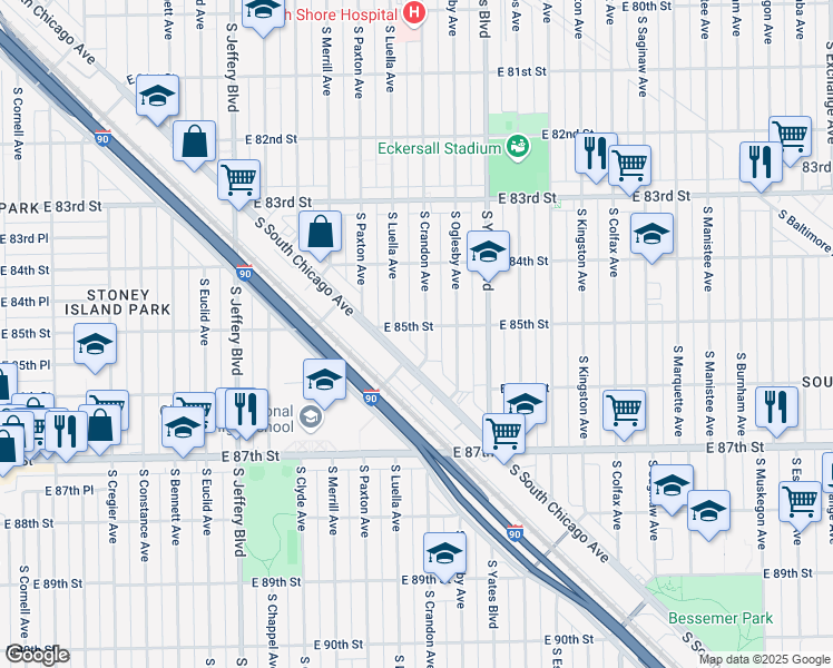 map of restaurants, bars, coffee shops, grocery stores, and more near 8507 South Crandon Avenue in Chicago