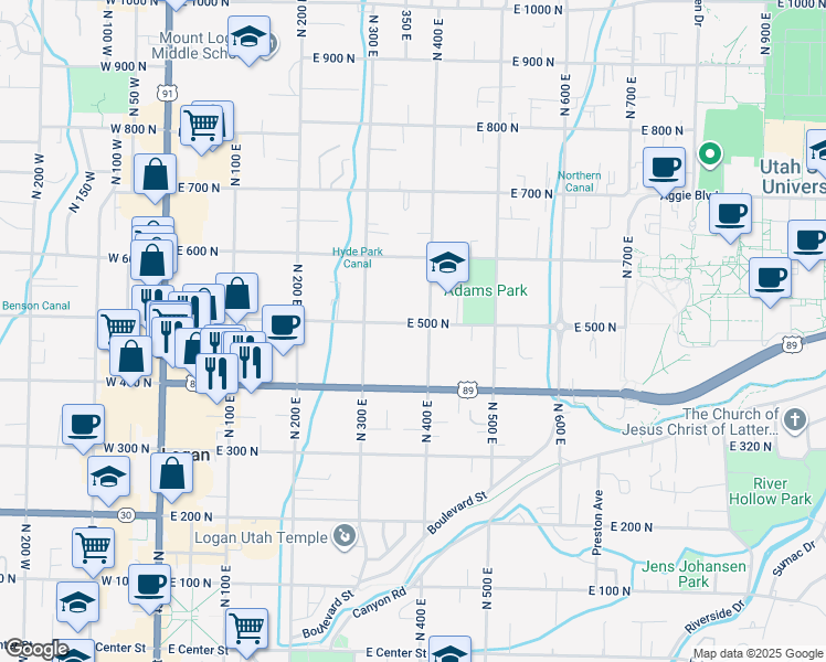 map of restaurants, bars, coffee shops, grocery stores, and more near 396 East 500 North in Logan