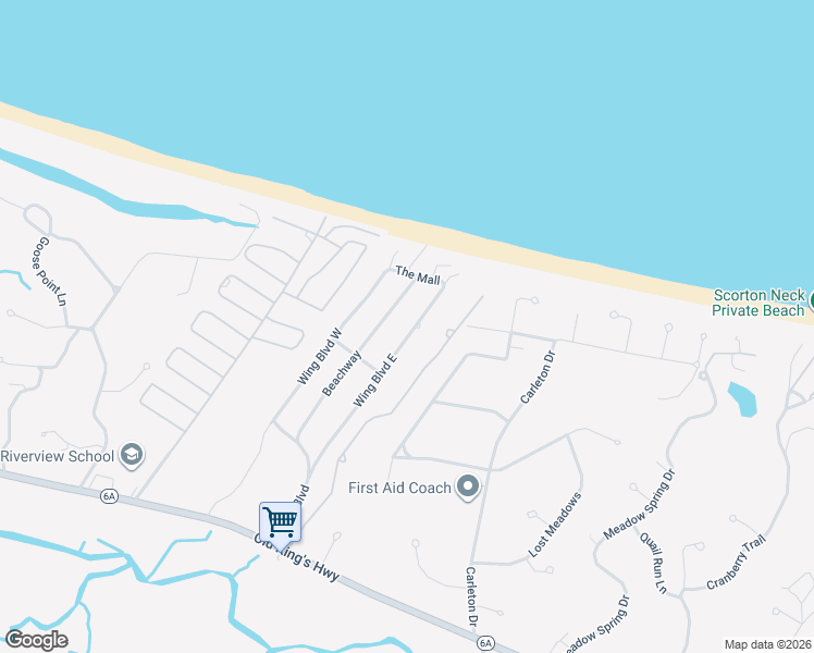 map of restaurants, bars, coffee shops, grocery stores, and more near 74 Wing Boulevard East in Sandwich