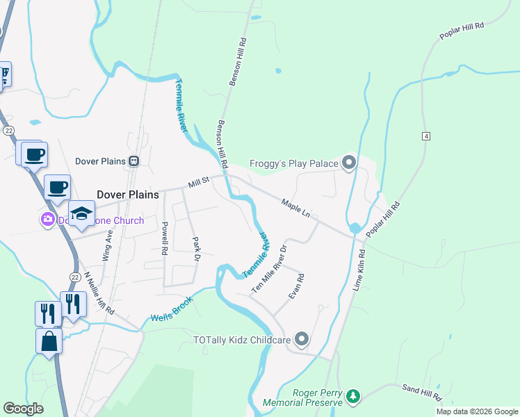 map of restaurants, bars, coffee shops, grocery stores, and more near 22 Maple Lane in Dover Plains