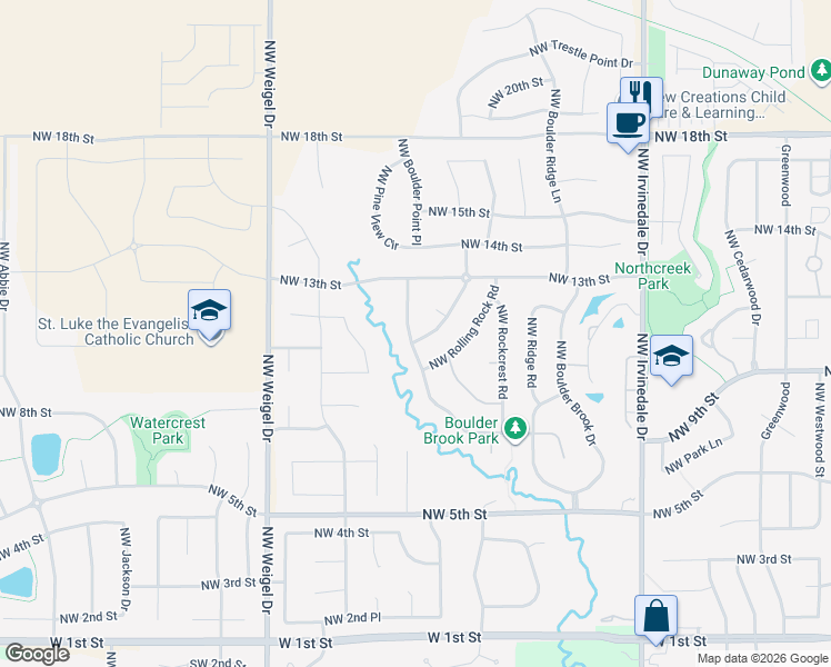 map of restaurants, bars, coffee shops, grocery stores, and more near 1121 Northwest Boulder Point Place in Ankeny