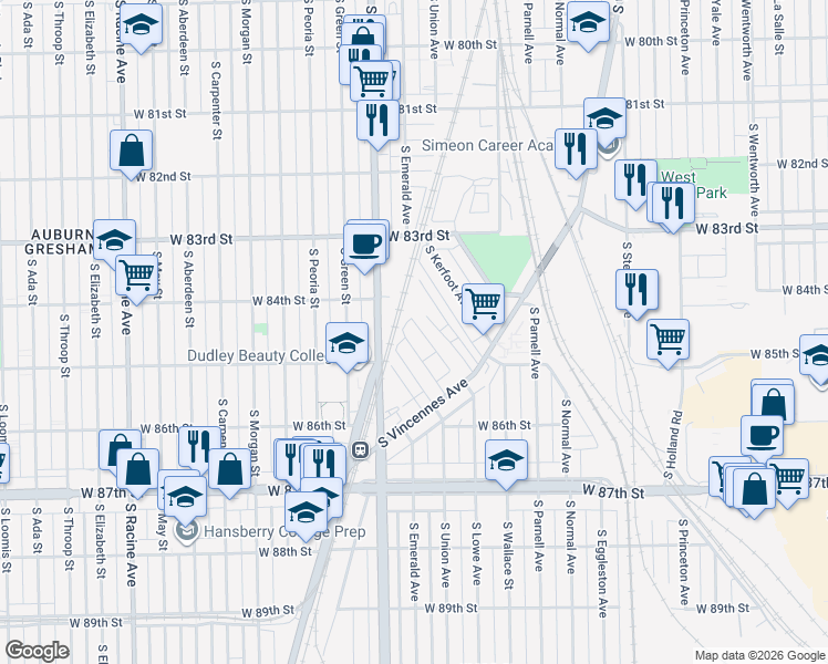 map of restaurants, bars, coffee shops, grocery stores, and more near 8413 South Gilbert Court in Chicago