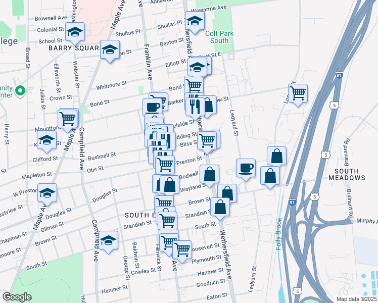 map of restaurants, bars, coffee shops, grocery stores, and more near 23 1/2 Bliss Street in Hartford