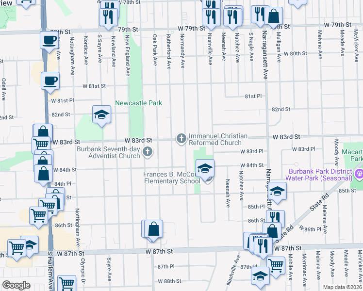 map of restaurants, bars, coffee shops, grocery stores, and more near 8302 Normandy Avenue in Burbank