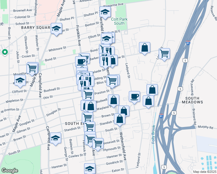 map of restaurants, bars, coffee shops, grocery stores, and more near in Hartford