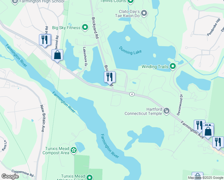 map of restaurants, bars, coffee shops, grocery stores, and more near 5 Bridgewater Road in Farmington