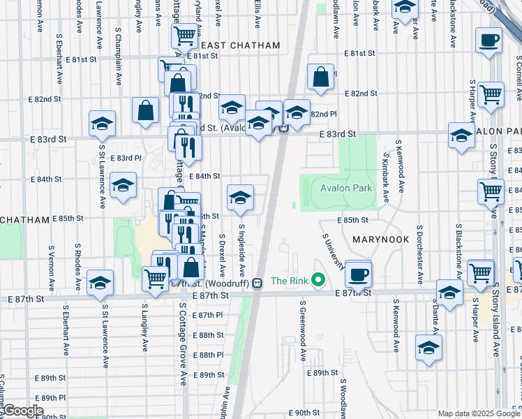 map of restaurants, bars, coffee shops, grocery stores, and more near 956 East 85th Street in Chicago