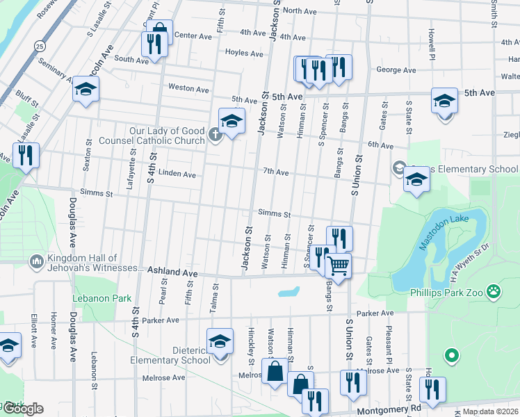 map of restaurants, bars, coffee shops, grocery stores, and more near 746 Watson Street in Aurora