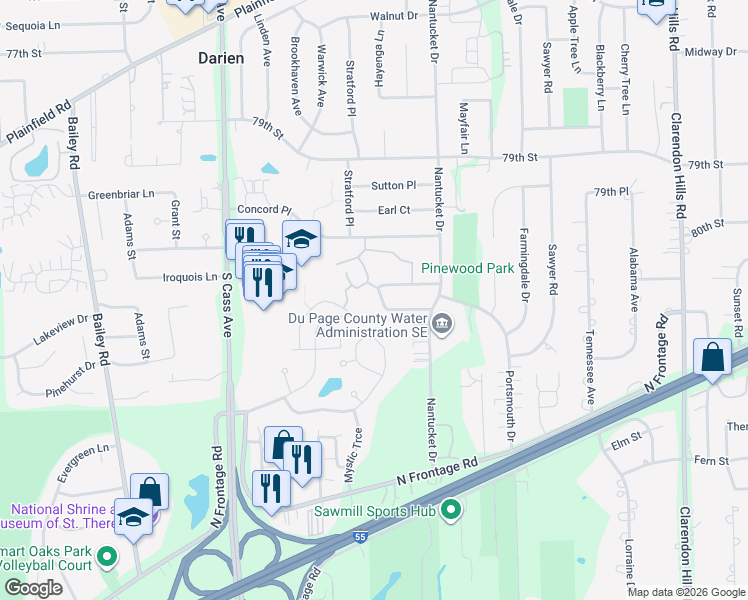 map of restaurants, bars, coffee shops, grocery stores, and more near 9S218 Kings Court in Darien