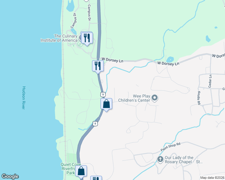 map of restaurants, bars, coffee shops, grocery stores, and more near 7 Pond Road in Poughkeepsie
