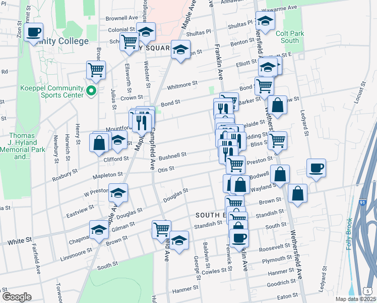 map of restaurants, bars, coffee shops, grocery stores, and more near 74 Bushnell Street in Hartford