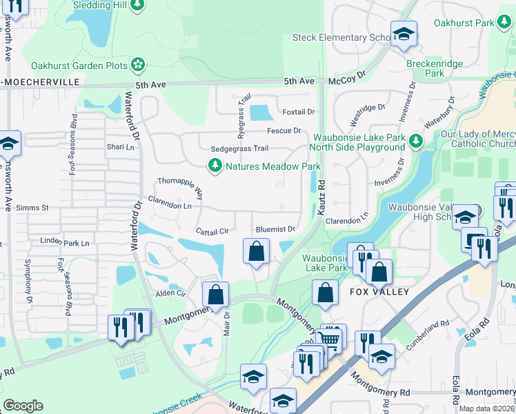 map of restaurants, bars, coffee shops, grocery stores, and more near 1938 Clarendon Lane in Aurora