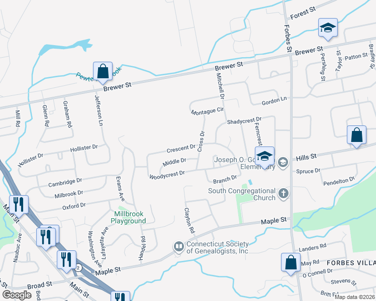 map of restaurants, bars, coffee shops, grocery stores, and more near 97 Crescent Drive in East Hartford