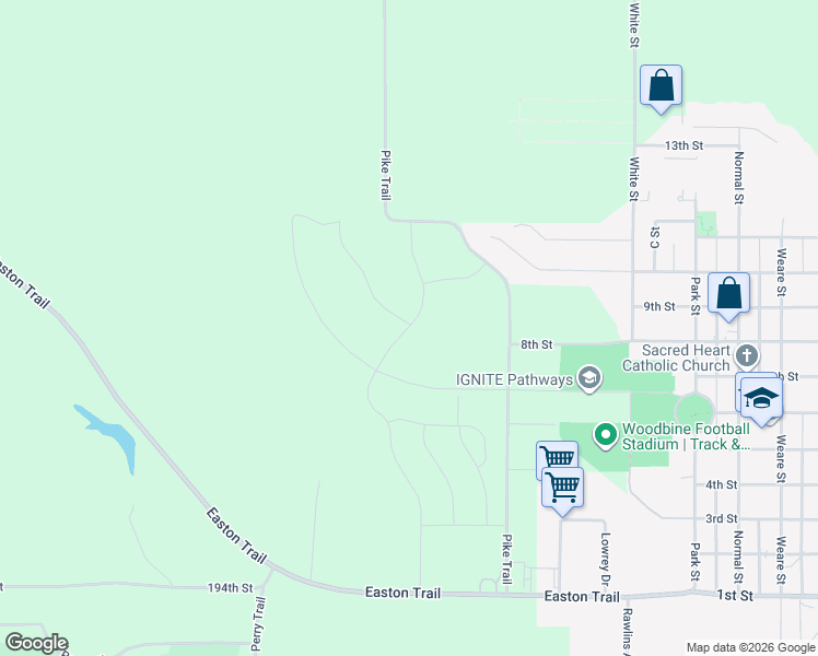 map of restaurants, bars, coffee shops, grocery stores, and more near 707 Harvest Hills Drive in Woodbine