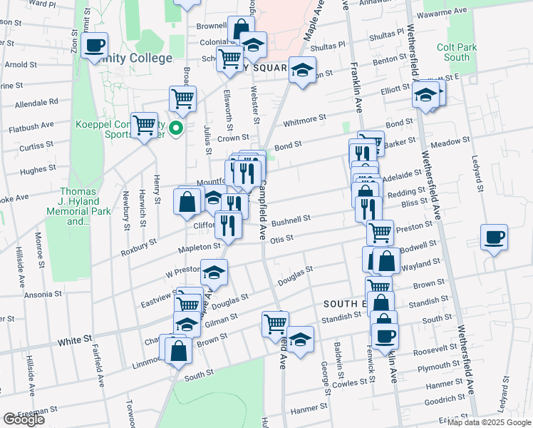 map of restaurants, bars, coffee shops, grocery stores, and more near 80 Campfield Avenue in Hartford