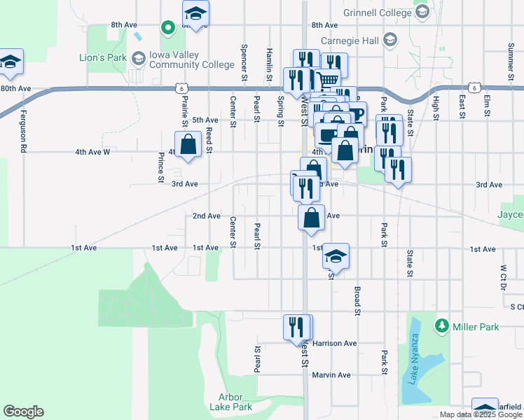 map of restaurants, bars, coffee shops, grocery stores, and more near 501-599 2nd Ave in Grinnell