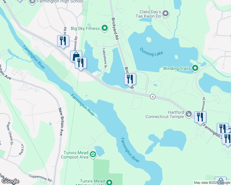 map of restaurants, bars, coffee shops, grocery stores, and more near 1301 Farmington Avenue in Farmington