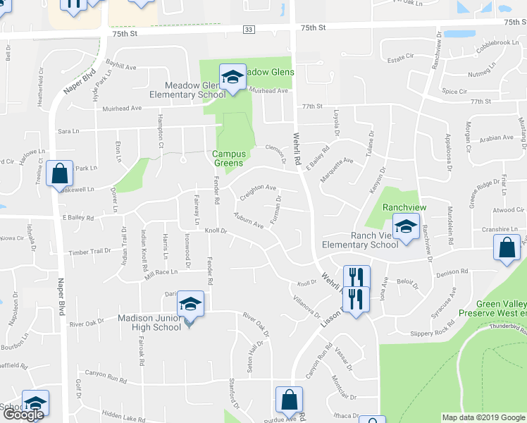 map of restaurants, bars, coffee shops, grocery stores, and more near 1334 Duquesne Avenue in Naperville
