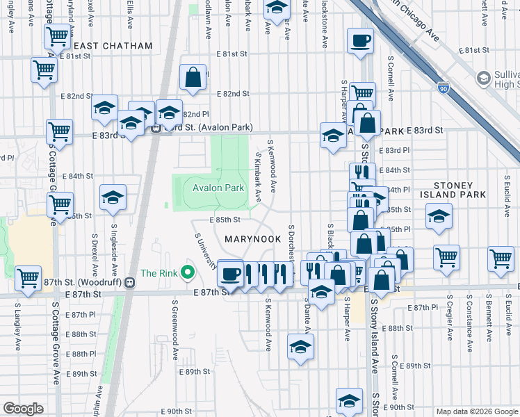 map of restaurants, bars, coffee shops, grocery stores, and more near 8454 South Kimbark Avenue in Chicago