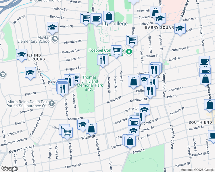 map of restaurants, bars, coffee shops, grocery stores, and more near 92 Grandview Terrace in Hartford