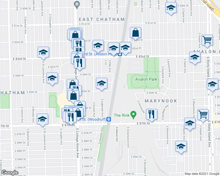 map of restaurants, bars, coffee shops, grocery stores, and more near 956 East 85th Street in Chicago