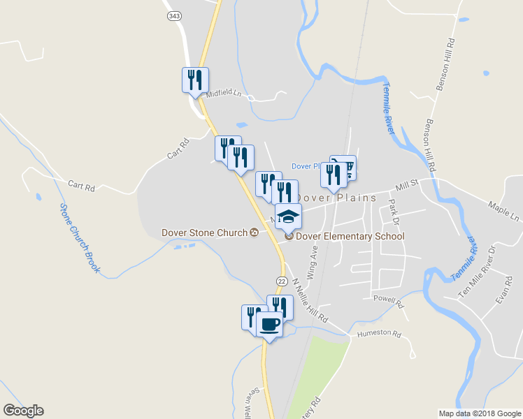 map of restaurants, bars, coffee shops, grocery stores, and more near 3160 New York 22 in Dover Plains