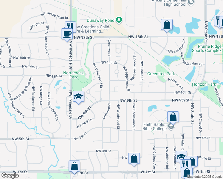 map of restaurants, bars, coffee shops, grocery stores, and more near 1101 Northwest Greenwood Street in Ankeny