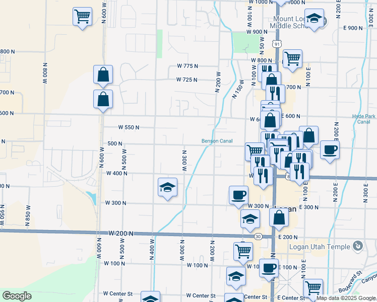 map of restaurants, bars, coffee shops, grocery stores, and more near 484 North 300 West in Logan