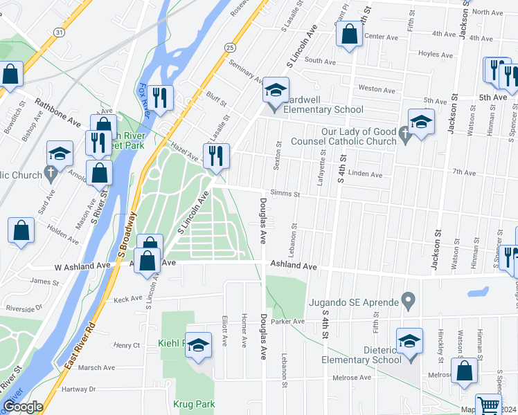 map of restaurants, bars, coffee shops, grocery stores, and more near 821 Douglas Avenue in Aurora