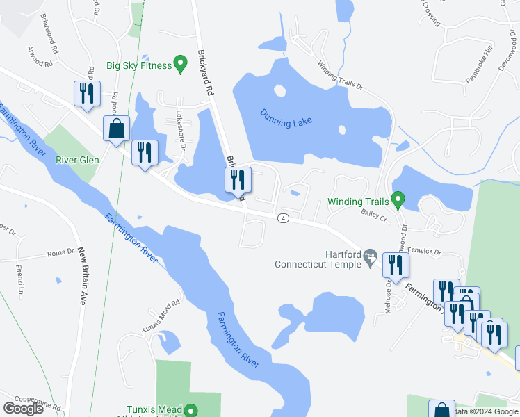 map of restaurants, bars, coffee shops, grocery stores, and more near 1252 Farmington Avenue in Farmington