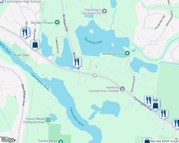 map of restaurants, bars, coffee shops, grocery stores, and more near 1232 Farmington Avenue in Farmington