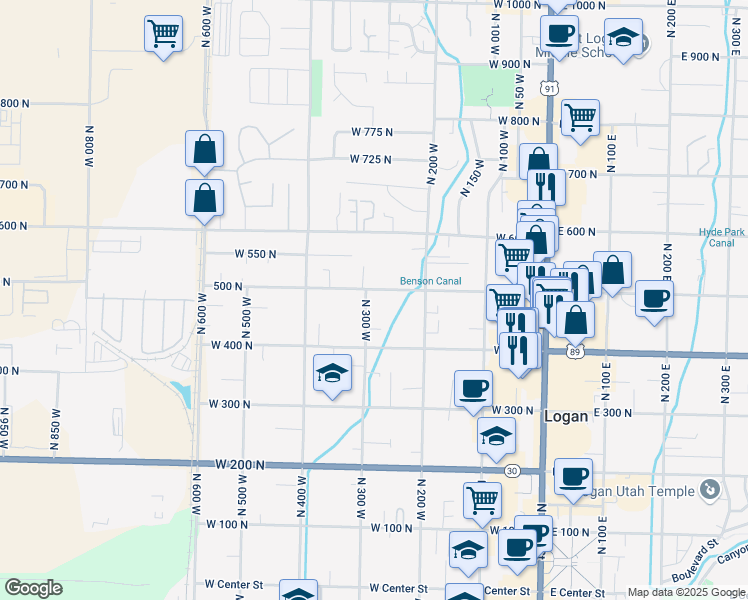 map of restaurants, bars, coffee shops, grocery stores, and more near 484 North 300 West in Logan