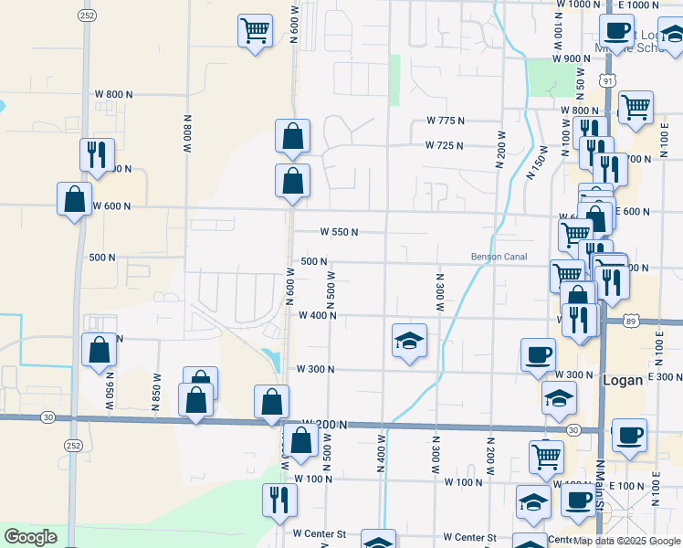 map of restaurants, bars, coffee shops, grocery stores, and more near 480 North 500 West in Logan