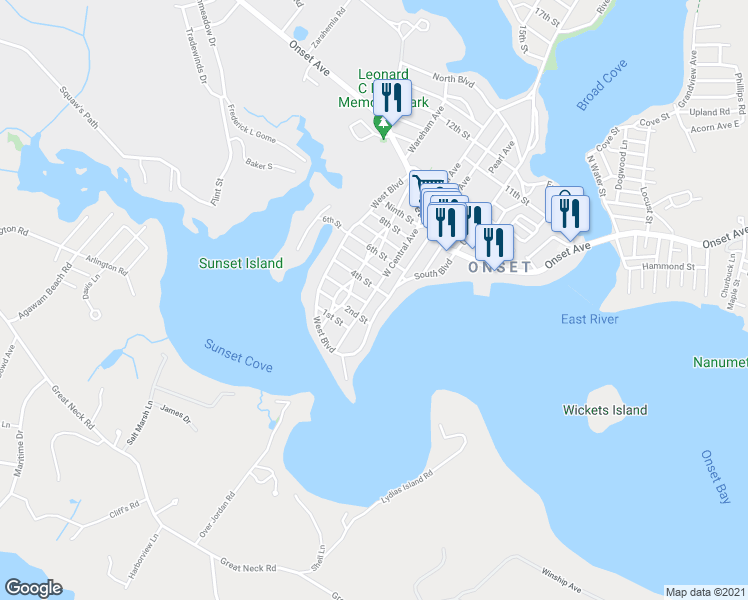 map of restaurants, bars, coffee shops, grocery stores, and more near 52 West Central Avenue in Wareham