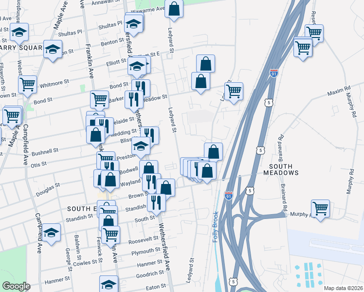 map of restaurants, bars, coffee shops, grocery stores, and more near 30 Ledyard Street in Hartford