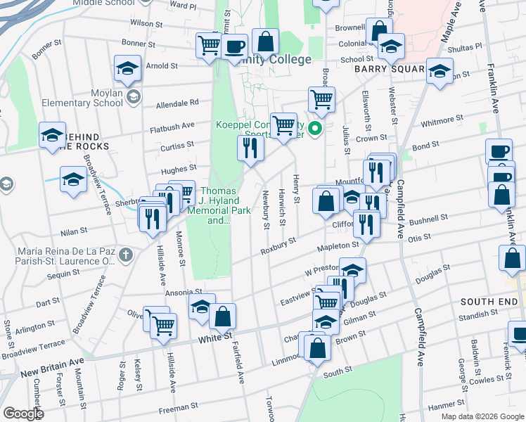 map of restaurants, bars, coffee shops, grocery stores, and more near 92 Grandview Terrace in Hartford