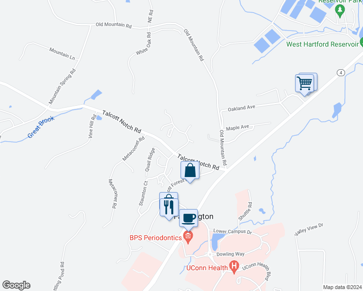 map of restaurants, bars, coffee shops, grocery stores, and more near 1 Talcott Ridge Road in Farmington