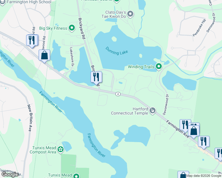 map of restaurants, bars, coffee shops, grocery stores, and more near 1232 Farmington Avenue in Farmington