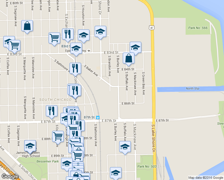map of restaurants, bars, coffee shops, grocery stores, and more near 8519 South Brandon Avenue in Chicago