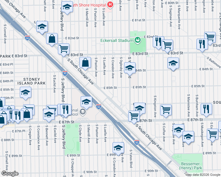 map of restaurants, bars, coffee shops, grocery stores, and more near 8507 South Crandon Avenue in Chicago