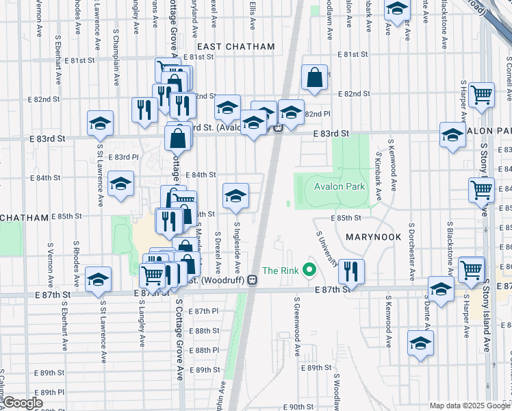 map of restaurants, bars, coffee shops, grocery stores, and more near 956 East 85th Street in Chicago